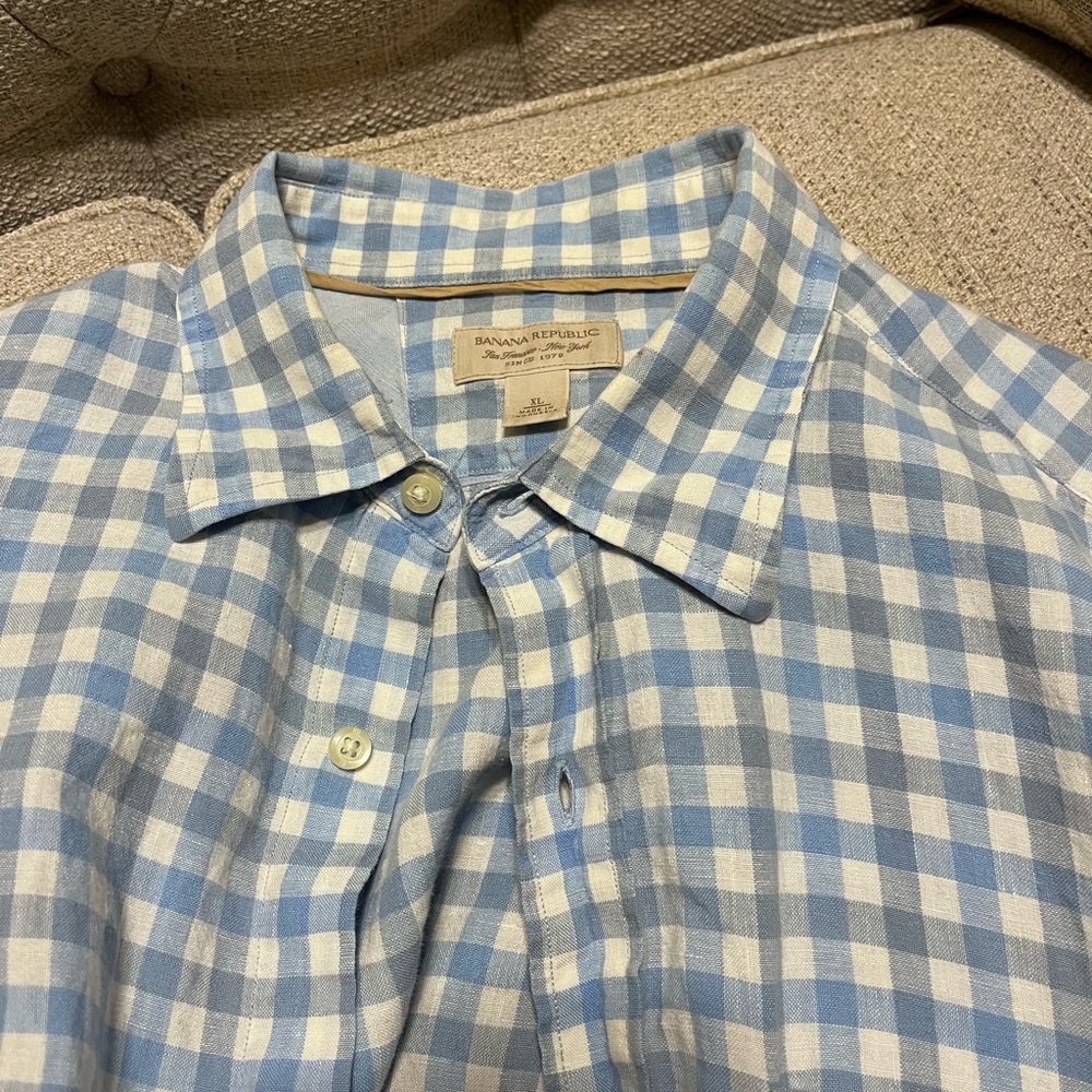Banana Republic Men's Blue Gingham Linen Button-Down Shirt - Size XL